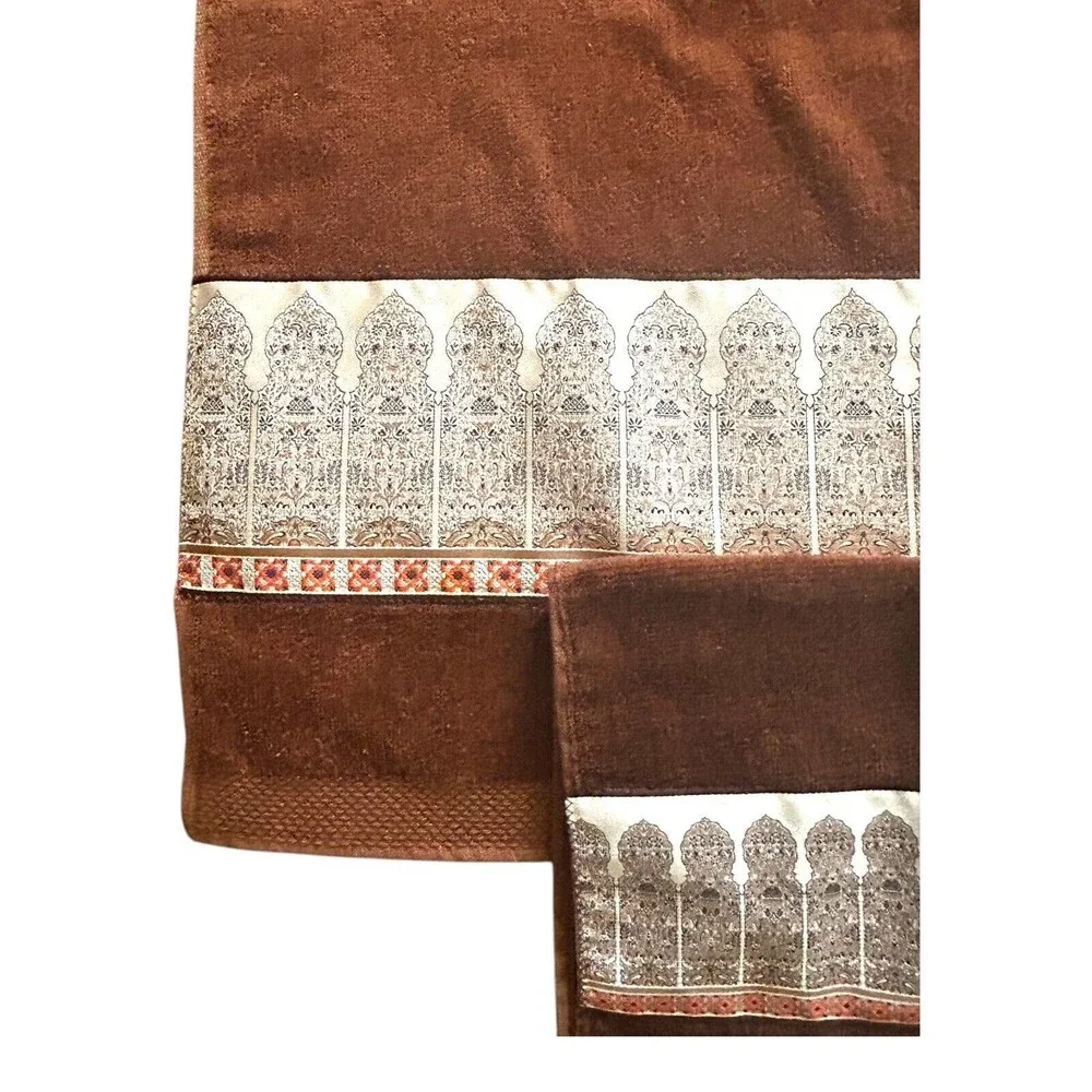 VTG Martex Zodiac 2 Bath & Washcloth 1 Hand Towel Brown w Moroccan Satin Border